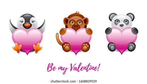 Valentine cute animals. Catroon penguin, monkey, panda bear. Happy Valentine's day icon set collection, 3d realistic vector illustration isolated white background for greeting card, banner, poster