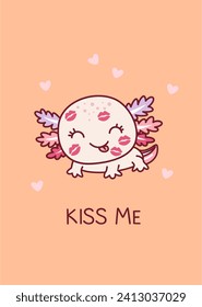 Valentin. Falten Sie das Axolotl mit Küssen auf dem Gesicht. Valentinstag. Kawaii Stil. Doodle. 