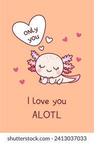 Valentin. Cute axolotl in Liebe ist träumen. Die Inschrift "Nur du" in einer Gedankenwolke. Valentinstag. Kawaii Stil. Doodle. 