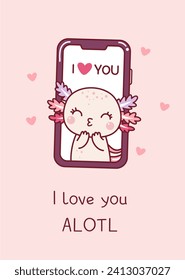 Valentine. Cute axolotl in love sends an air kiss on the phone screen. Valentine's day. Kawaii style. Doodle. 