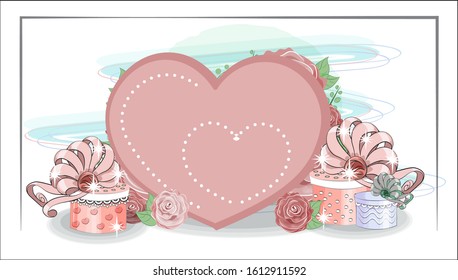 valentine cute background heart and gifts in roses. The picture in hand drawing style, can be used for t-shirt print, wear fashion design, greeting valentine card.
