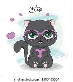 valentine cute black kitten, with the heart and glasses. The picture in hand drawing style, can be used for t-shirt print, wear fashion design, greeting valentine card.