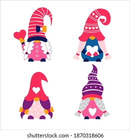 Valentine cute girl gnomes hand drawn vector illustration. Dwarfs girls holding hearts with love. Happy valentine's day. Bundle of gnomes in funny hats. Scandinavian greeting card. 