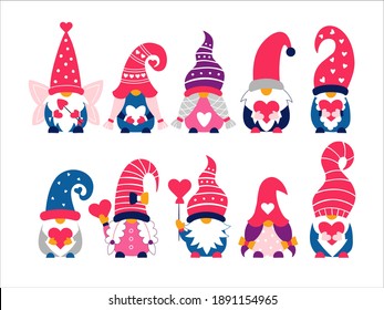 Valentine cute gnomes hand drawn vector illustration. Dwarfs holding hearts with love. Happy valentine's day. Bundle of gnomes in funny hats. Scandinavian nordic character in cartoon style. 