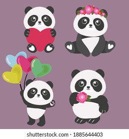 valentine cute panda cartoon set vector illustration