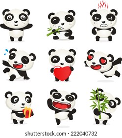 Valentine Cute panda set, with nine different panda bears in different situations like: opened arms panda, eating plant, holding heart, with present, jumping and holding plant vector illustration.