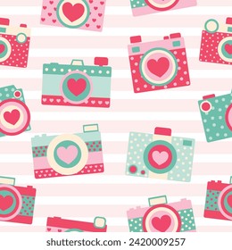 valentine cute pink red love heart photo camera hand drawn seamless pattern vector for invitation greeting birthday celebration wedding card poster banner textiles wallpaper paper wrap background