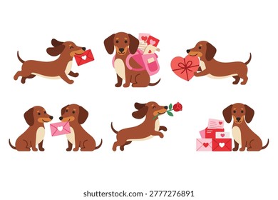 Valentine dachshund dog activity element set vector, cute puppy with rose and gifts clip art