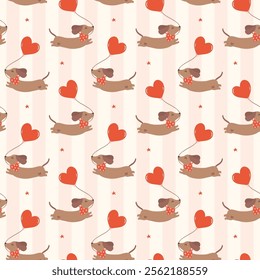 Valentine Dachshund dog with heart balloon Pattern Seamless Retro sausage dog Wallpaper isolated on background