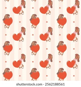 Valentine Dachshund dog with heart Pattern Seamless Retro sausage dog Wallpaper isolated on background