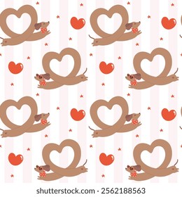 Valentine Dachshund Heart Shape Pattern Seamless Cute Groovy sausage dog Wallpaper isolated on background