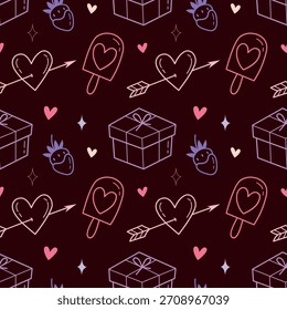 Patrón sin fisuras oscuro de San Valentín con corazones, regalos y barras de helado