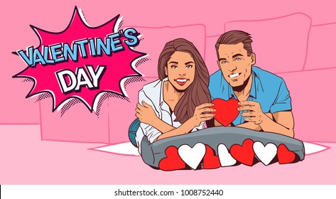 Valentine Dat Retro Poster Design Happy Couple Hold Red Heart Lying On Bed Comic Style Vector Illustration