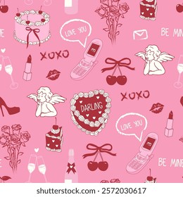 Valentine date dinner. Cute trendy seamless pattern.