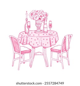 Valentine date dinner, vector watercolor romantic lunch, hand drawn served cafe table, pink cloth. Wedding invitation design doodle, champagne glass, flower bouquet, candle, chairs. Valentine date