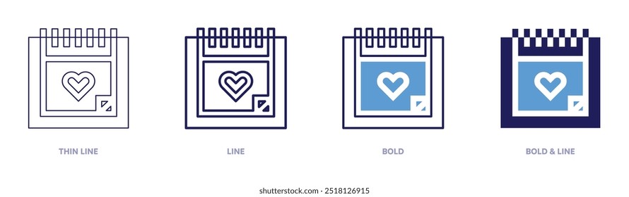 Valentine datesetup icon in 4 different styles. Thin Line, Line, Bold, and Bold Line. Duotone style. Editable stroke.