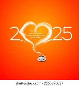 Valentine Day- 2025 New Year number with heart shape steam smock of coffee. Greeting card, flyer, post banner design.