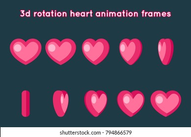 Valentine Day 3d Heart Rotation Animation Frames Set Flat Design Vector Illustration
