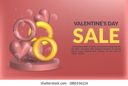 Valentine day 3D love heart podium promotion background , gold circle sale website celebration decorative culture , greeting gift isolated wedding 3D letter love lighting design illustration vector