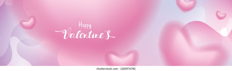 Valentine day 3D pink Romantic Hearts shape blurry flying and Floating on abstract pastel liquid background. symbols of love for Happy Mother's, Valentine's Day greeting card design banner