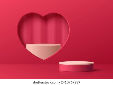 Valentine day 3D red background with realistic cylinder pedestal and white podium in heart shape window. Minimal wall scene mockup product display. Abstract geometric forms. Round stage for showcase.