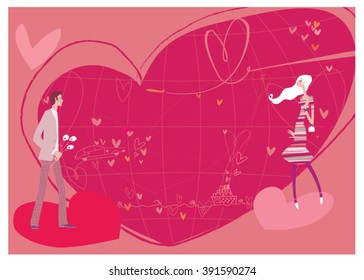 Valentine day or 8 march design. Man and woman destination love dating. Love map background. Wedding proposal. 