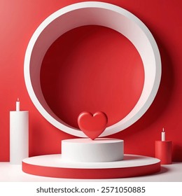 Valentine day abstract 3D red room with white cylinder pedestal or stand podium in hearth shape window. Valentine day minimal scene for product display presentation.Vector illustration 