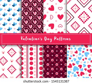 Valentine Day abstract seamless pattern set - cartoon pink and blue hearts on white, stripes, geometric shapes, vector romantic background, texture for wrapping, textile, scrapbook