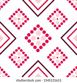 Valentine Day abstract seamless pattern - simple red and pink polka dot and rhombus on white, geometric shapes, vector romantic background, texture for wrapping, textile, scrapbook