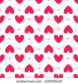 Valentine Day abstract seamless pattern - cartoon red and pink hearts on white, geometric shapes, vector romantic background, endless texture for wrapping, textile, scrapbook