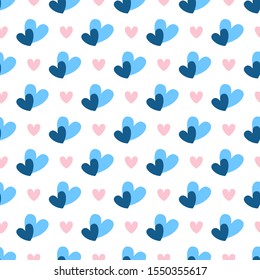 Valentine Day abstract seamless pattern - cartoon red, pink and blue hearts on white, geometric shapes, vector romantic background, endless texture for wrapping, textile, scrapbook
