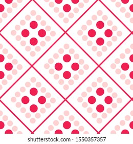 Valentine Day abstract seamless pattern - simple red and pink polka dot and rhombus on white, geometric shapes, vector romantic background, texture for wrapping, textile, scrapbook