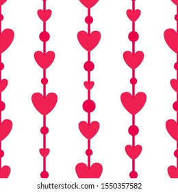 Valentine Day abstract seamless pattern - cartoon red and pink hearts on white, geometric shapes, vector romantic background, endless texture for wrapping, textile, scrapbook