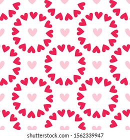 Valentine Day abstract seamless pattern - cartoon red and pink hearts on white, geometric shapes, vector romantic background, endless texture for wrapping, textile, scrapbook