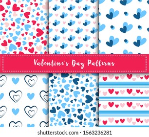 Valentine Day abstract seamless pattern set - cartoon pink and blue hearts on white, stripes, geometric shapes, vector romantic background, texture for wrapping, textile, scrapbook