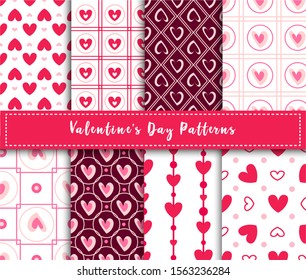 Valentine Day abstract seamless pattern set - cartoon pink and red hearts on white, stripes, geometric shapes, vector romantic background, endless texture for wrapping, textile, scrapbook