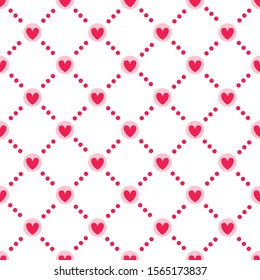 Valentine Day abstract seamless pattern - cartoon red and pink hearts on white, polka dot, geometric shapes, vector romantic background, texture for wrapping, textile, scrapbook