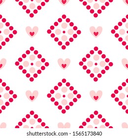 Valentine Day abstract seamless pattern - cartoon pink hearts, polka dot, rhombus on white, geometric shapes, vector romantic background, endless texture for wrapping, textile, scrapbook