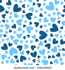 Valentine Day abstract seamless pattern - cartoon blue hearts on white, rhythmic geometric shapes, vector romantic background, endless texture for wrapping, textile, scrapbook