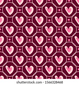 Valentine Day abstract seamless pattern - cartoon red and pink hearts, circles, rhythmic geometric shapes, vector romantic background, endless texture for wrapping, textile, scrapbook