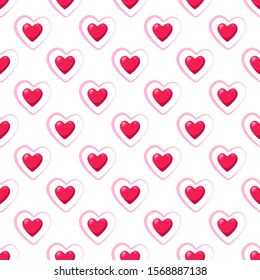 Valentine Day abstract seamless pattern - cartoon red and pink hearts on white, geometric shapes, vector romantic background, endless texture for wrapping, textile, scrapbook