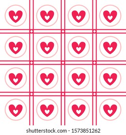 Valentine Day abstract seamless pattern - cartoon red and pink hearts, rhombus on white, geometric shapes, vector romantic background, endless texture for wrapping, textile, scrapbook