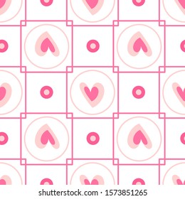 Valentine Day abstract seamless pattern - cartoon red and pink hearts on white, geometric shapes, vector romantic background, endless texture for wrapping, textile, scrapbook