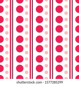 Valentine Day abstract seamless pattern - red and pink polka dot ornament, stripes on white, geometric shapes, vector romantic background, endless texture for wrapping, textile, scrapbook