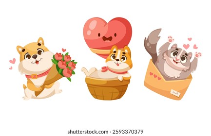 Valentine Day Animal Characters with Love Heart Vector Set