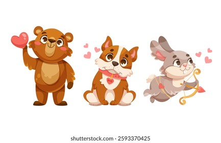 Valentine Day Animal Characters with Love Heart Vector Set