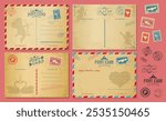 Valentine day antique postcards with vintage postage stamps for retro mail, vector backgrounds. Valentine holiday greeting cards with love hearts, angel cherub with arrow and bow for vintage postcards