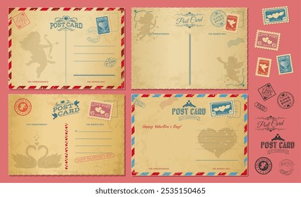 Valentine day antique postcards with vintage postage stamps for retro mail, vector backgrounds. Valentine holiday greeting cards with love hearts, angel cherub with arrow and bow for vintage postcards