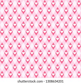 Valentine day Argyle plaid. Scottish pattern in red, pink and white rhombuses and hearts. Scottish cage. Traditional Scottish background of diamonds. Seamless fabric texture. Vector illustration