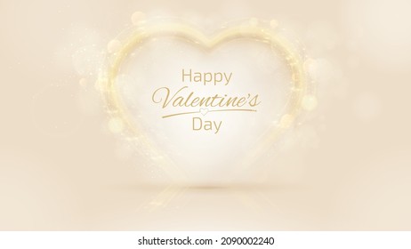 Valentine day backdrop, golden heart shaped neon light effects and glitter elements, bokeh, blur. luxury 3d style concept. vector illustration.